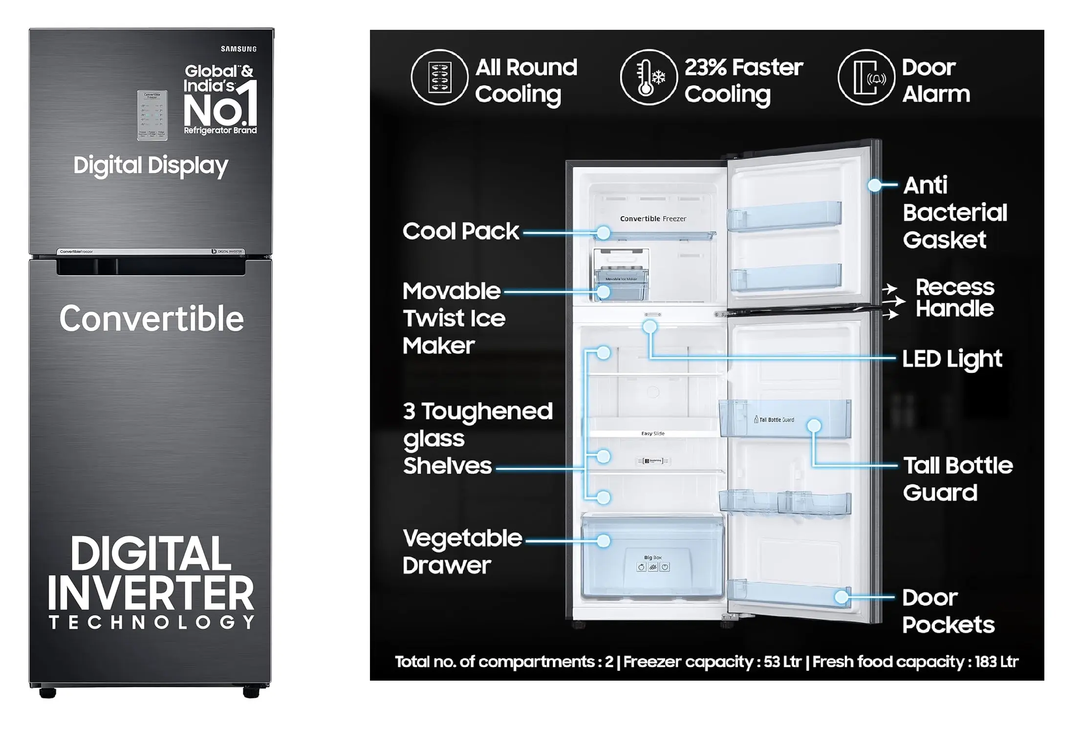 samsung 236 l 3 star convertible digital inverter double door refrigerator